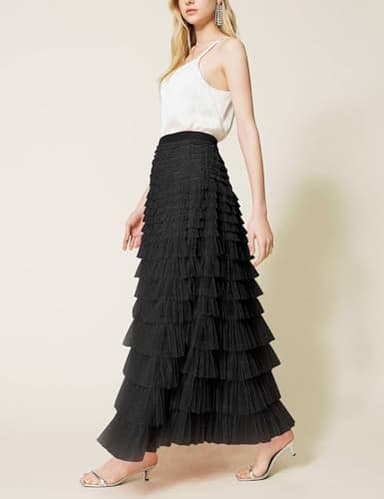 Flygo Women's Long Maxi Tulle Skirts A Line Ruffle High Waisted Tiered Layered Mesh Tutu Skirt Petticoat(Black-XL) - Image 7