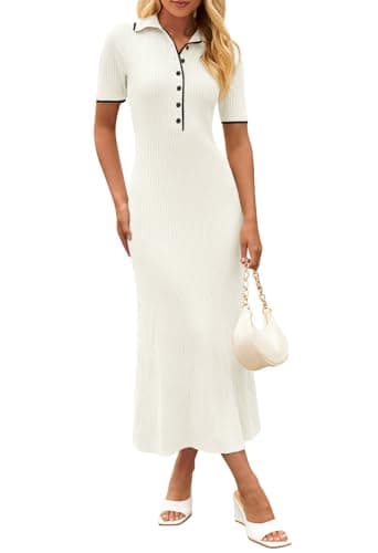 MEROKEETY Women's Polo V Neck Color Block Long Dress Elegant Stretch Fitted Pullover Maxi Dress, Beige, Small - Image 1