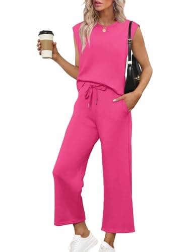 Sampeel Summer Outfits for Women 2025 Vacation Two Piece Outfits Travel Airport Clothes Vacation Outfits Wide Leg Crop Pants Sets Hot Pink M - Image 1