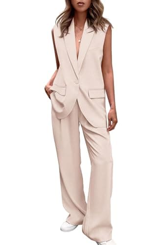 PRETTYGARDEN Womens 2 Piece Blazer Suits V Neck Sleeveless Vest Wide Leg Pants Sets Summer Matching Outfits (Beige,Medium) - Image 1