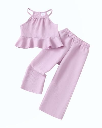 Little Girls Outfit 4t 5t Girl Clothes for Kids Ruffle Summer Lightweight Shirt Wide Leg Purple Linen Pants 2-Piece Cute Toddler Outfits Clothing Set - Image 1