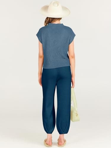 ANRABESS Women's Two Piece Outfits Knit Sweater Vest Crop Top Pants Lounge Matching Tracksuit Sweatsuit Travel Clothes Sets Deep Blue Small - Image 4