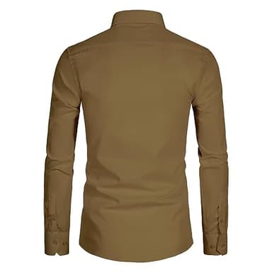 DELCARINO Men's Long Sleeve Button Up Shirts Solid Slim Fit Casual Business Formal Dress Shirt Browm Small Brown - Image 2