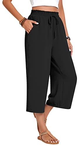 Anyhold Womens Capri Pants Loose High Waisted Wide Leg Lounge Pants Drawstring Casual Palazzo Trousers with Pockets X-Large, Black - Image 3