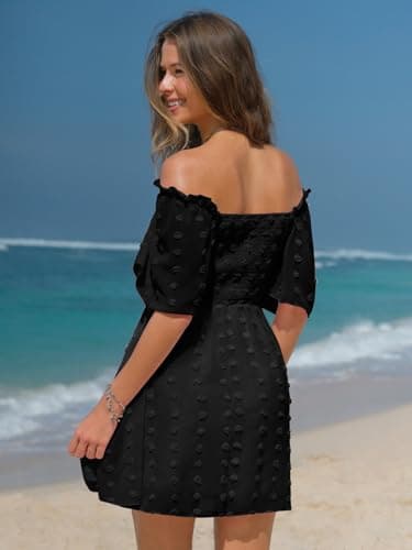 EXLURA Women's 2025 Summer Casual Square Neck Dresses Ruffle Short Sleeve Swiss Dot Flowy Mini Dress Black - Image 5