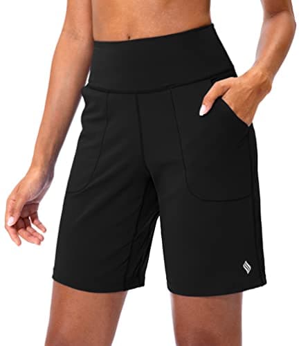 SANTINY Bermuda Shorts for Women with Zipper Pocket Womens High Waisted Long Shorts for Running Workout Athletic(Black_XL) - Image 1