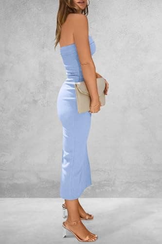 PRETTYGARDEN Women's Summer Bodycon Maxi Tube Dress Ribbed Strapless Side Slit Long Going Out Casual Elegant Party Dresses (Light Blue,Medium) - Image 2