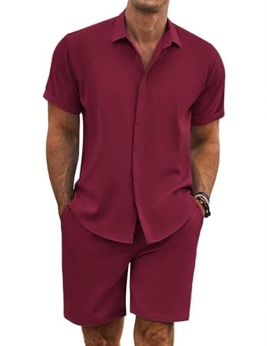 COOFANDY Men's Summer Beach Outfits 2 Piece Short Sleeve Shirts and Shorts Vacation Texture Linen Sets for Men,Wine Red,S - Image 1