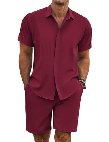 COOFANDY Men's Summer Beach Outfits 2 Piece Short Sleeve Shirts and Shorts Vacation Texture Linen Sets for Men,Wine Red,S - Image 1