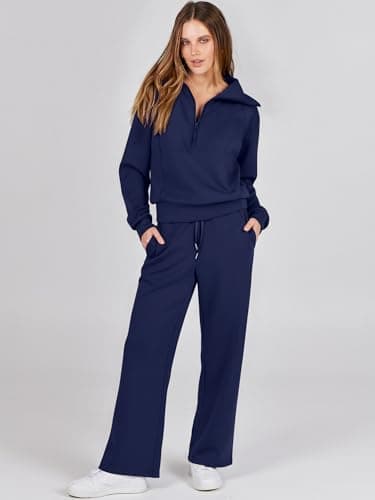 ANRABESS Women 2 Piece Outfits 2025 Fall Fashion Airport Wide Leg Pants Lounge Set Leisure Travel Vacation Clothes Sweatsuits Navy Blue Medium - Image 2