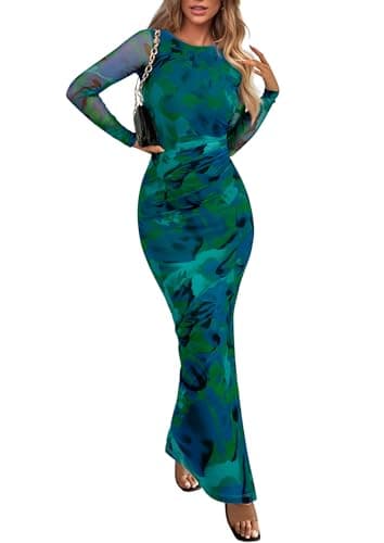 PRETTYGARDEN Women's Bodycon Maxi Dress Fall Spring Fashion Long Sleeve Floral Print Tight Fitted Party Club Ruched Dresses (Green,Large) - Image 1