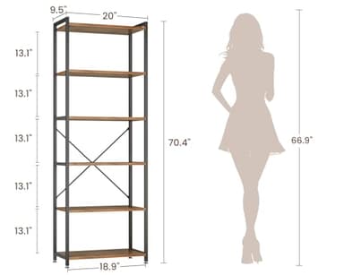 Casaottima Book Shelf, 6 Tier Tall Bookshelf, Modern Wood Bookcase Shelves for Bedroom, Industrial Display Shelf for Living Room Home Office Kitchen, Standing Shelving Unit Storage Organizer, Vintage - Image 2