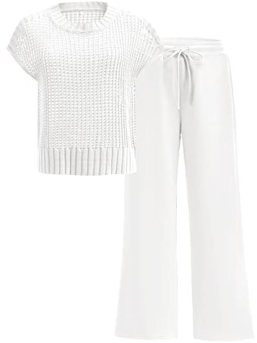 ANRABESS Women Two Piece Outfits Crochet Sheer Knit Sweater Top Wide Leg Pants Lounge Matching Sets Sweatsuit Travel Clothes White Large - Image 1