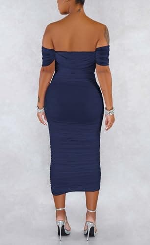 Women's Sexy Off Shoulder Sleeveless Bodycon Ruched Midi Elegant Cocktail Evening Party Night Tube Dresses 88-Navy Blue - Image 6