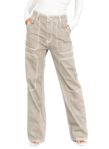 Dokotoo Womens Casual High Waisted Cargo Jeans for Women Wide Leg Boyfriend Denim Pants Apricot Size 8 - Image 1