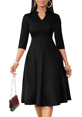 Nmoder Casual Dresses for Women Semi Formal Fit and Flare 3/4 Sleeve A-line Church Work Dress with Pockets Black L - Image 1