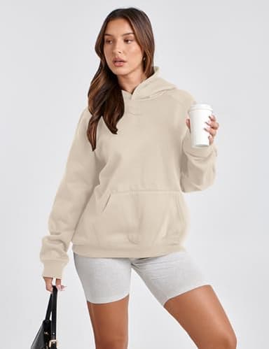 Lauweion Women Solid Basic Fleece Letter Loose Hoodie Sweatshirt Long Sleeve Kangaroo Pocket Drop Shoulder Pullovers Top Apricot - Image 4