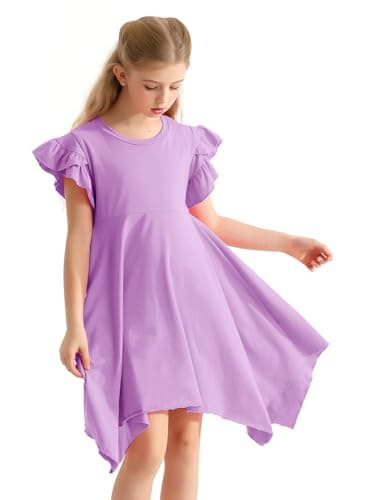 Alakuoti Girls Lavender Purple Dress Spring Cotton Solid Color Casual Dresses Cute High Low Swing Easter Beach Party Wear Girls Dresses Size 8 - Image 3