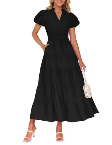ZESICA Women's Summer Casual Maxi Dress 2025 Puff Short Sleeve V Neck Ruffle Tiered Flowy Boho Beach Dresses,Black,Large - Image 1