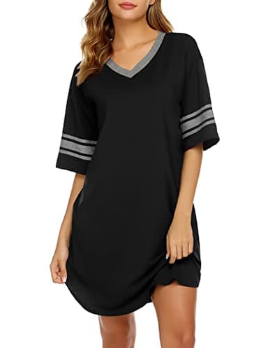 Ekouaer Womens Nightgown Cotton Sleepwear Short Sleeve Sleep Shirt V Neck Color Block Nightshirt XL Black - Image 1