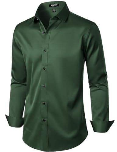 JEMITOP Men's Stretch Wrinkle Free Dress Shirts Formal Wedding Prom Long Sleeve Button Down Shirt Dark Green M - Image 3