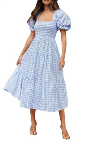 ZESICA Women's 2025 Bohemian Summer Plaid Square Neck Puff Sleeve Ruffle Flowy Beach Midi Dress,LightBlue,Small - Image 1