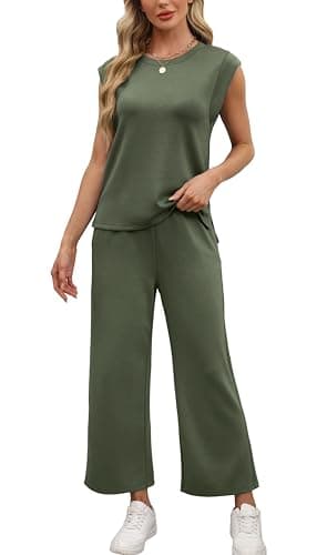 OFEEFAN Womens Summer Outfits Two Piece Sets Comfy Matching Lounge Sets Side Split Plus Size Airport Travel Outfits Luxury Womens Fashion Olive M - Image 5