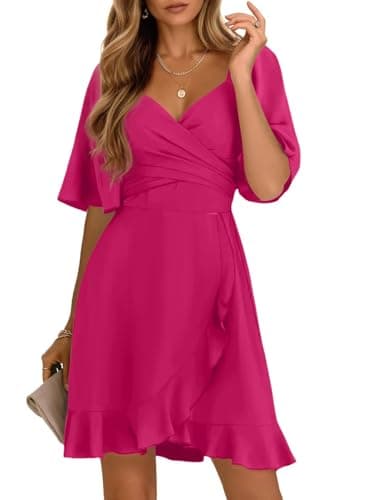 Dokotoo Womens Summer Wrap V Neck Short Flared Sleeve Smocked Elastic Waist Tiered Belted Ruffle Hem Mini Dress Graduation Dress Rose Red M - Image 1