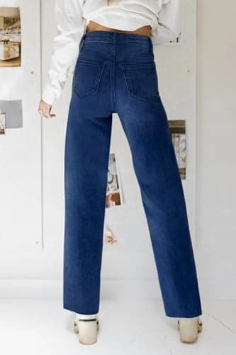 KDF Straight Leg Jeans for Women High Waisted Jeans Frayed Baggy Pants Raw Hem Loose Stretchy Cropped Wide Leg Jeans Dark Blue Size 14 - Image 3