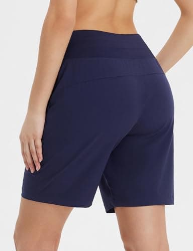 baleaf Women's 7" Athletic Running Shorts Long Workout Shorts High Waisted Quick Dry 4 Zipper Pockets UPF50+ Navy Blue L - Image 2
