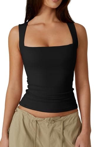 QINSEN Women's Square Neck Sleeveless Double-Layer Tank Tops Basic Tight T Shirts Black S - Image 1