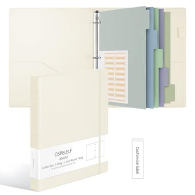 Ospelelf Vintage Hardcover 3 Ring 1 inch Leather Binder, Professional Binders Organizer Suitable for Letter Size Documents, Binder Dividers with Tabs, Beige - Image 1