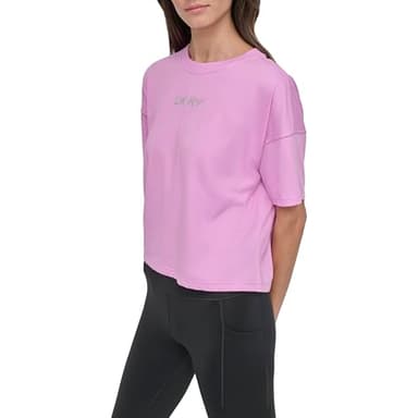 DKNY Women's Short Sleeve Rhinestone Logo Relaxed Cropped Tee, Fuschia Sky/Silver, Large - Image 3