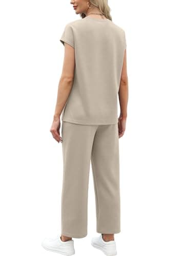 WIHOLL Summer Vacation Outfits for Women 2025 Resort Wear Matching Sets Women Clothing 2 Piece Holiday Beach Travel Airport Outfit Teacher Lounge Sets Athleisure Beige M - Image 5