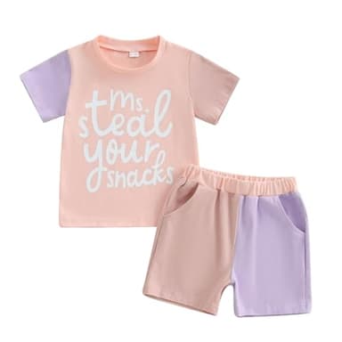 FOCUSNORM Toddler Baby Girls Summer Clothes Letter Short Sleeve T-shirt Top Shorts Sets Cute Newborn Infant Outfits 6M-3T (Contrast Pink, 6-12 Months) - Image 1