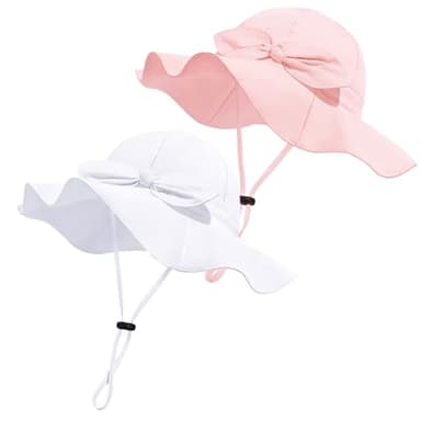 Baby Girl Sun Hat with UPF 50+ Outdoor Adjustable Beach Hat with Wide Brim Bucket Hats (12-24 Months, Pink & White -2pcs) - Image 1