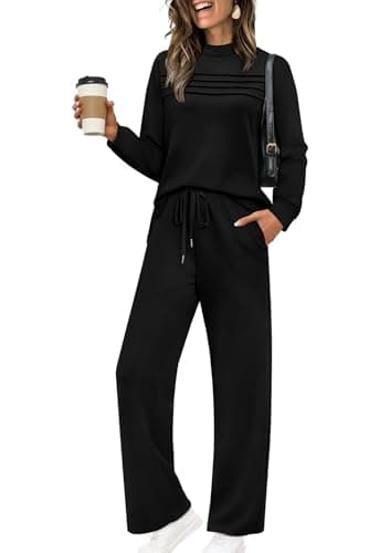 WIHOLL Fall Outfits for Women 2025 Matching Sets Clothing Holiday Two Piece Vacation Teacher Outfits Business Casual Cozy Athletic Athleisure Winter Conjuntos De 2 Piezas Para Mujer Black L - Image 1