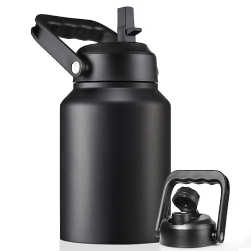 EALGRO Half Gallon Insulated Water Bottle Jug with Straw, 64 oz Large Stainless Steel Sports Metal Water Flask with Handle, Thermal Water Cup Mug with 2 Lids, Black - Image 1