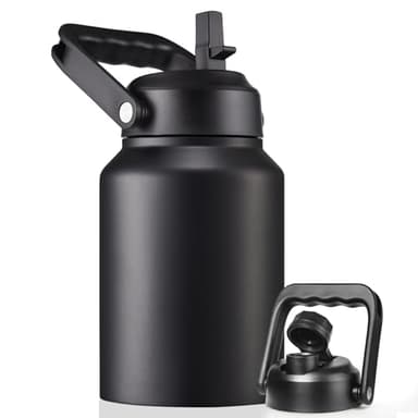 EALGRO Half Gallon Insulated Water Bottle Jug with Straw, 64 oz Large Stainless Steel Sports Metal Water Flask with Handle, Thermal Water Cup Mug with 2 Lids, Black - Image 1
