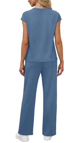 WIHOLL 2 Piece Sets for Women Summer 2025 Lounge Sets Country Concert Outfits Business Casual Matching Sets Women Clothing Wide Leg Pants Pajama Sets Conjuntos De 2 Piezas Para Mujer Blue XL - Image 5