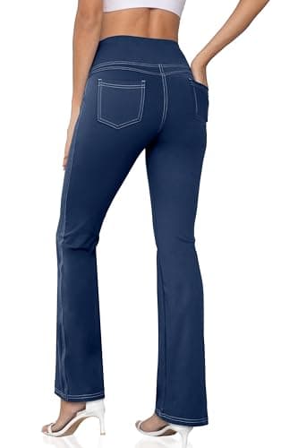 CHANLEED Women's Bootcut Yoga Pants, Flare Leggings with Pockets High Waist Causal Dress Pants Petite/Regular/Tall（Petite Navy Blue-M） - Image 1