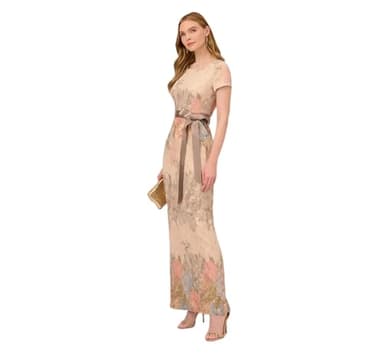 Adrianna Papell Women's Short-Sleeve Floral Matteleasse Column Gown, Blush Multi, 6 - Image 2