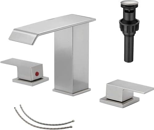 Bathroom Faucet Brushed Nickel Widespread GGStudy 3 Holes 2 Handle Waterfall Modern Bathroom Sink Faucet with Pop Up Drain - Image 1