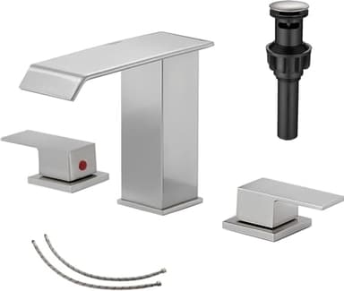 Bathroom Faucet Brushed Nickel Widespread GGStudy 3 Holes 2 Handle Waterfall Modern Bathroom Sink Faucet with Pop Up Drain - Image 1