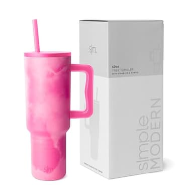 Simple Modern 40 oz Trek Tumbler with Handle and Straw Lid | Cup Holder Friendly Insulated Stainless Steel Travel Mug | Pink Whimsical Tie Dye - Image 1