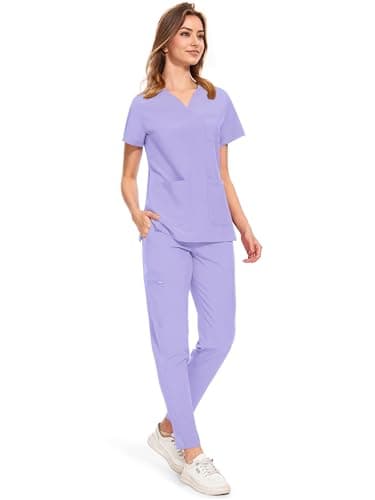COZYFIT Medical Scrubs for Women Set - Curved V-Neck Scrub Top & Jogger Pants with 8 Pockets - Light Purple, S - Image 3