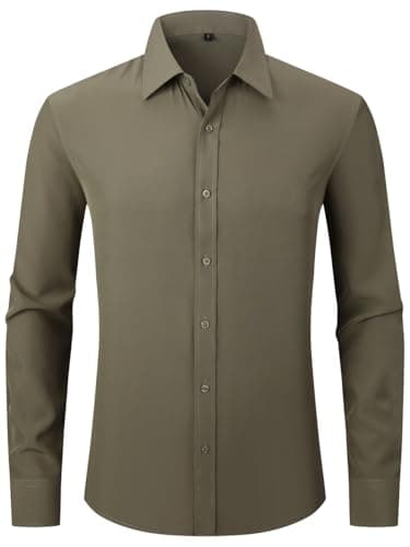 Dress Shirts for Men's Long Sleeve Button Down Shirt Slim Fit Business Formal Stretch Shirt Army Green Large - Image 1