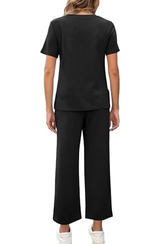 OFEEFAN Lounge Set for Women Two Piece Summer Outfits Loose Travel Short Sleeve Track Suit Wide Leg Loungewear Capri Pants Matching Clothing Set Cruise Wear Women's Airport Vacation Clothes Black XL - Image 7