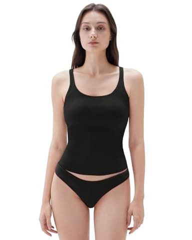 SUUKSESS Women Padded Cotton Ribbed Long Tank Tops 2025 Summer Going Out Basic Scoop Neck Cami Tops Sleeveless Casual Shirts (Black, M) - Image 1
