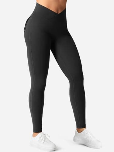 YEOREO Leggings with Pockets for Women Charm Scrunch Workout Leggings V Cross Waist Butt Lifting Gym Yoga Pants Black M - Image 5